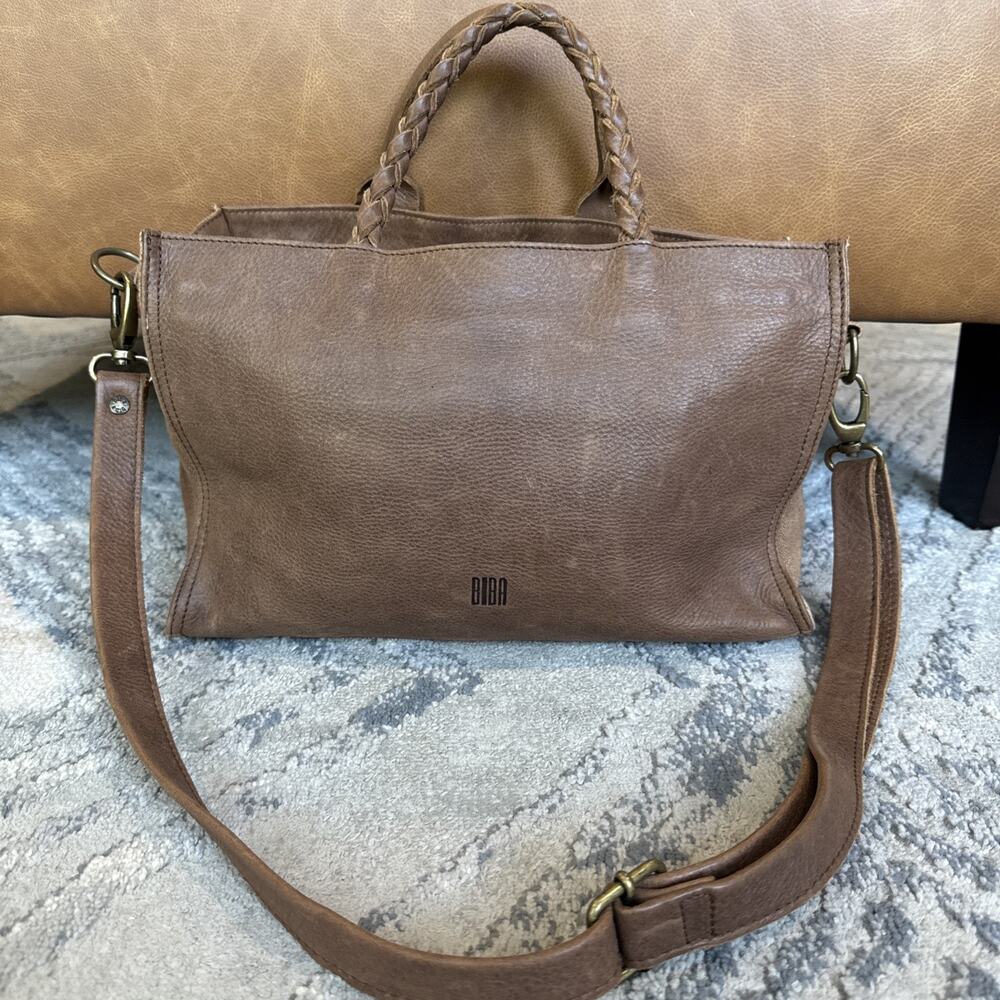 Biba Barcelona Leather Tan Brown Tote Shoulder Bag with Braided Handle & Strap